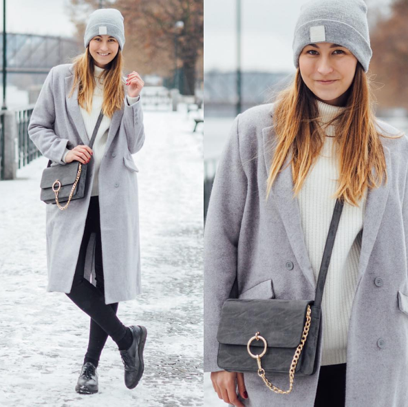 Lucie Ehrenbergerová z A cup of Style, šedý volný kabát a šedá beanie
